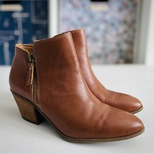 [House of Harlow] Rita Leather Brass Double-Zipper Stacked Heel Ankle Boot